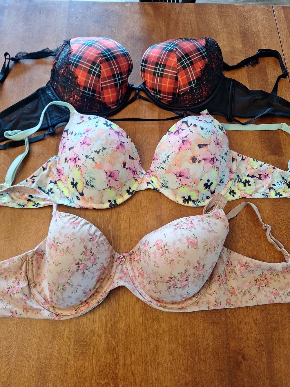3-Pack Women's Floral & Plaid Tshirt Bra Set - Pink, Floral, Red Plaid